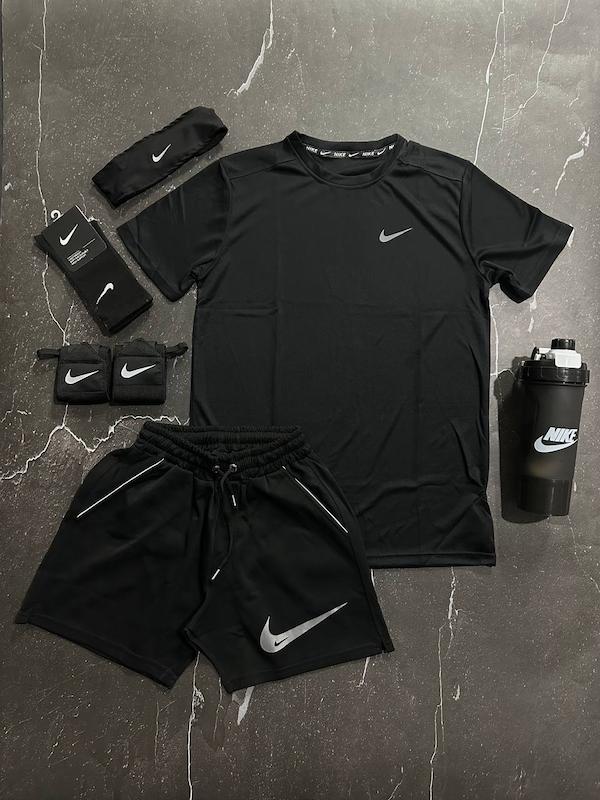 پکیج کد S3119 شامل تیشرت + شلوارک + هدبند + مچ بند چسب نانو + شیکر دو تیکه + جوراب ساقدار با تم مشکی