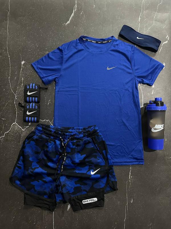 پکیج کد S3123   شامل تیشرت + شلوارک کشاله دار + هدبند + شیکر دو تیکه + مچبند چسب نانو با تم آبی مشکی