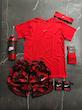 پکیج کد S3136 شامل تیشرت + شلوارک + هدبند + مچ بند چسب نانو + شیکر دو تیکه + جوراب ساقدار با تم قرمز