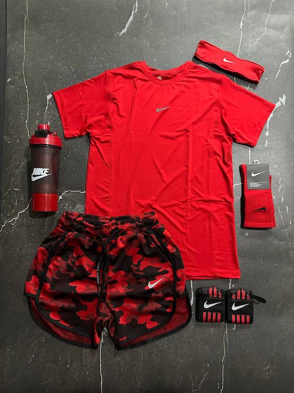 پکیج کد S3136 شامل تیشرت + شلوارک + هدبند + مچ بند چسب نانو + شیکر دو تیکه + جوراب ساقدار با تم قرمز