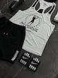 پکیج کد S3131 شامل رکابی قهرمانی + شلوارک + شیکر دو تیکه + مچبند چسب نانو + هدبند + جوراب ساقدار با تم سفید مشکی