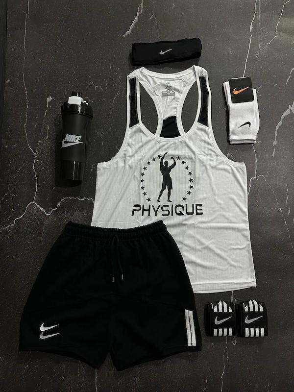 پکیج کد S3131 شامل رکابی قهرمانی + شلوارک + شیکر دو تیکه + مچبند چسب نانو + هدبند + جوراب ساقدار با تم سفید مشکی