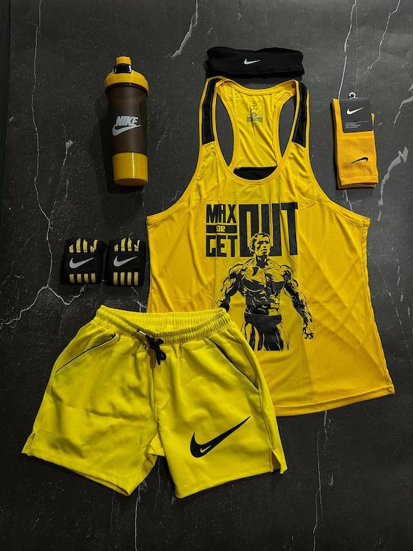 پکیج کد S3133 شامل رکابی قهرمانی + شلوارک + شیکر دو تیکه + مچبند چسب نانو + هدبند + جوراب ساقدار با تم زرد