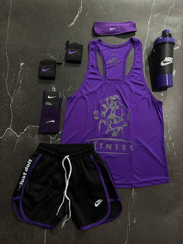 پکیج کد S3134 شامل رکابی قهرمانی + شلوارک + شیکر دو تیکه + مچبند چسب نانو + هدبند + جوراب ساقدار با تم بنفش مشکی