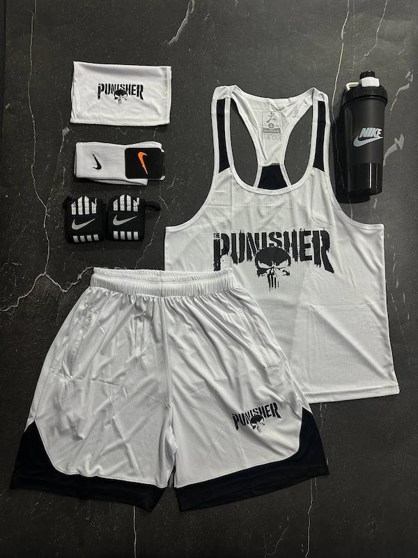 پکیج کد S3137 شامل رکابی قهرمانی + شلوارک + اسکارف + شیکر دو تیکه + مچبند چسب نانو + جوراب ساقدار با تم سفید مشکی