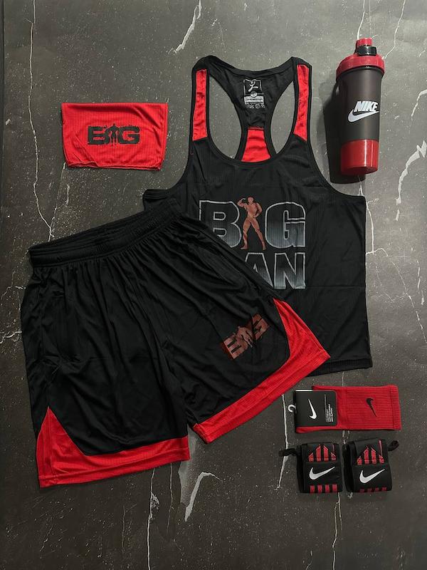 پکیج کد S3140 شامل رکابی قهرمانی + شلوارک + اسکارف + شیکر دو تیکه + مچبند چسب نانو + جوراب ساقدار با تم مشکی قرمز