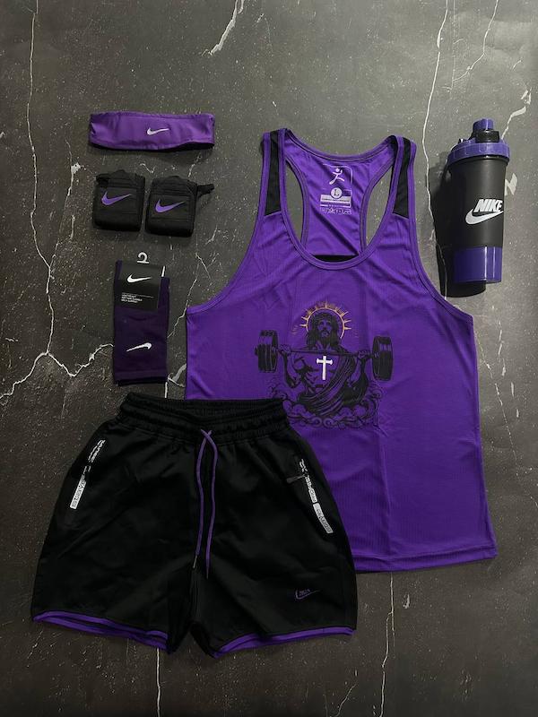 پکیج کد S3143 شامل رکابی قهرمانی + شلوارک + هدبند + شیکر دو تیکه + مچبند چسب نانو + جوراب ساقدار با تم بنفش مشکی