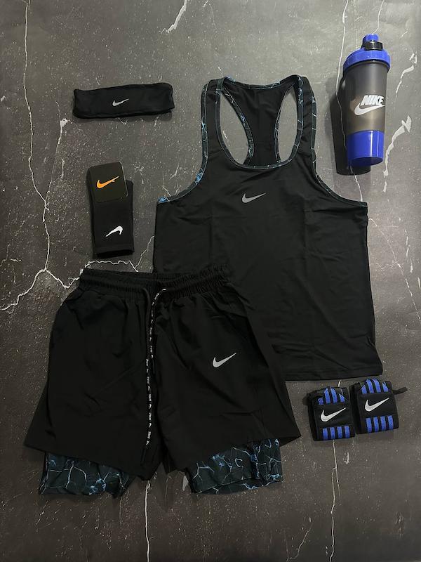 پکیج کد S3144 شامل رکابی قهرمانی + شلوارک کشاله دار + هدبند + شیکر دو تیکه + مچبند چسب نانو + جوراب ساقدار با تم مشکی چریکی