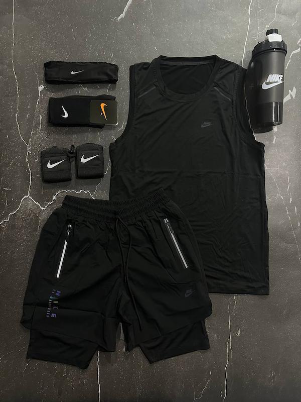 پکیج کد S3145 شامل رکابی حلقه ای + شلوارک کشاله دار + هدبند + شیکر دو تیکه + مچبند چسب نانو + جوراب ساقدار با تم مشکی