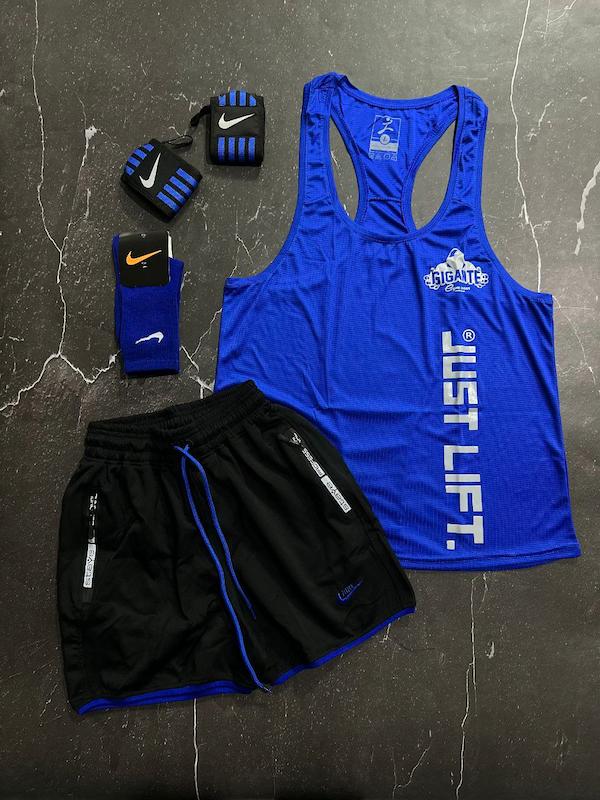 پکیج کد S3146   شامل رکابی قهرمانی + شلوارک + مچبند چسب نانو + جوراب ساقدار با تم آبی مشکی