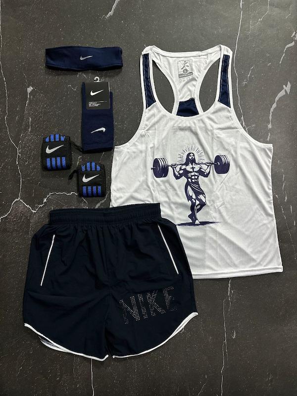 پکیج کد S3147 شامل رکابی قهرمانی + شلوارک + مچبند چسب نانو + جوراب ساقدار + هدبند با تم سفید سرمه ای