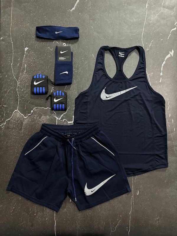 پکیج کد S3148 شامل رکابی قهرمانی + شلوارک + مچبند چسب نانو + جوراب ساقدار + هدبند با تم سرمه ای