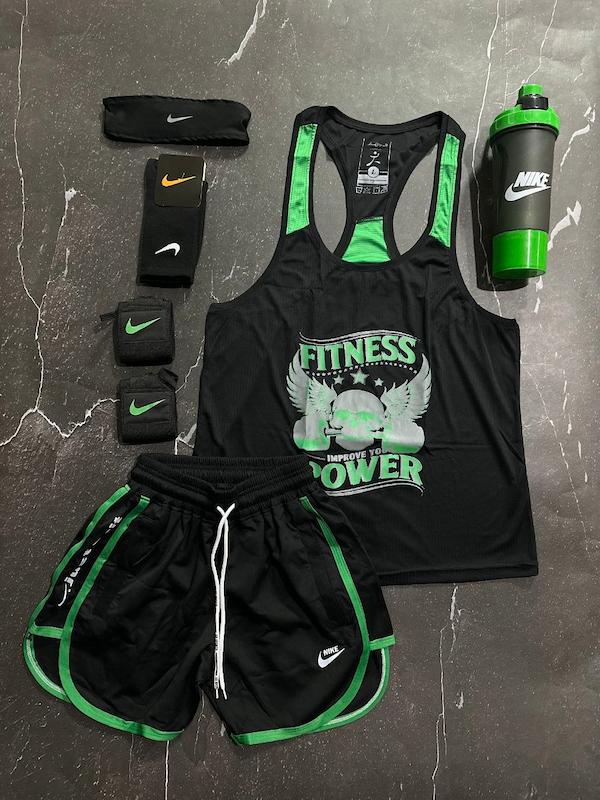 پکیج کد S3149 شامل رکابی قهرمانی + شلوارک + مچبند چسب نانو + جوراب ساقدار + هدبند + شیکر دو تیکه با تم مشکی سبز