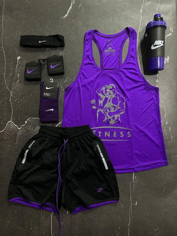 پکیج کد S3151 شامل رکابی قهرمانی + شلوارک + مچبند چسب نانو + جوراب ساقدار + هدبند + شیکر دو تیکه با تم بنفش مشکی