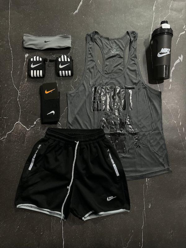 پکیج کد S3153 شامل رکابی قهرمانی + شلوارک + مچبند چسب نانو + جوراب ساقدار + هدبند + شیکر دو تیکه با تم طوسی مشکی