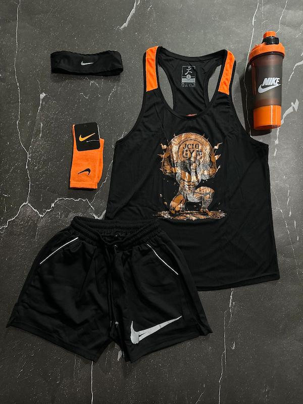 پکیج کد S3154 شامل رکابی قهرمانی + شلوارک + جوراب ساقدار + هدبند + شیکر دو تیکه با تم مشکی نارنجی