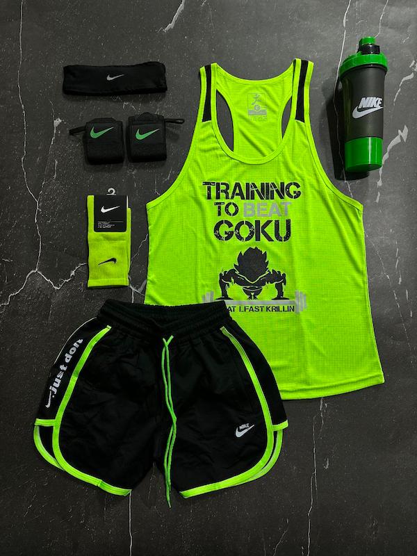 پکیج کد S3155 شامل رکابی قهرمانی + شلوارک + مچبند چسب نانو + جوراب ساقدار + هدبند + شیکر دو تیکه با تم فسفری مشکی