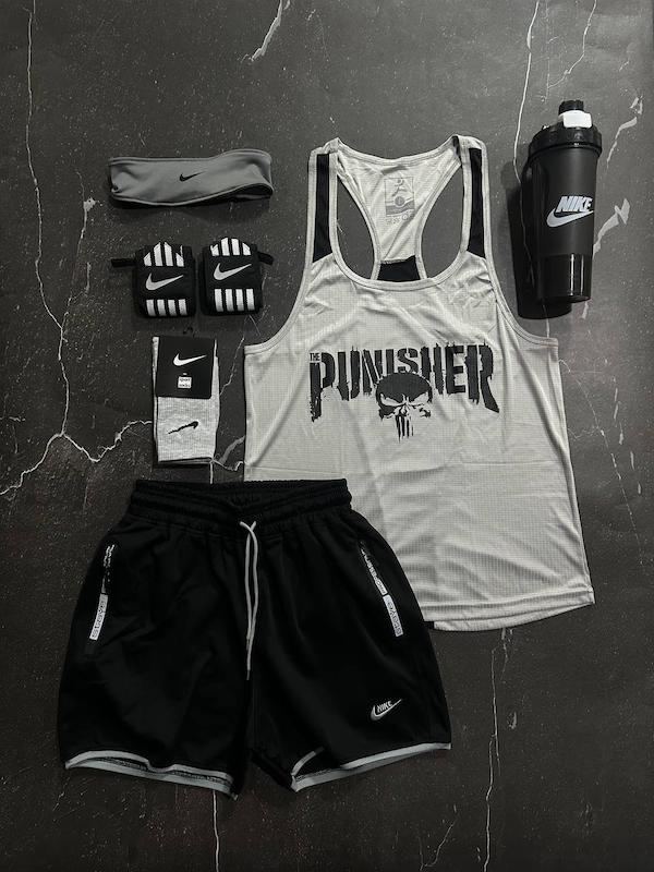 پکیج کد S3157 شامل رکابی قهرمانی + شلوارک + مچبند چسب نانو + جوراب ساقدار + هدبند + شیکر دو تیکه با تم طوسی مشکی