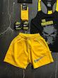 پکیج کد S3158 شامل رکابی قهرمانی + شلوارک + مچبند چسب نانو + جوراب ساقدار + هدبند با تم مشکی زرد