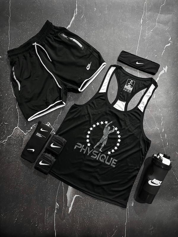 پکیج کد E1976 شامل رکابی قهرمانی + شلوارک + جوراب ساقدار + شیکر دو تیکه + مچ بند چسب نانو + هدبند با تم مشکی سفید 🖤🤍  