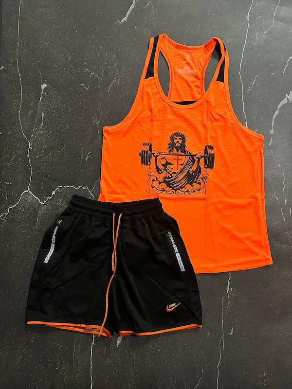 پکیج کد S3162 شامل رکابی قهرمانی + شلوارک با تم نارنجی مشکی