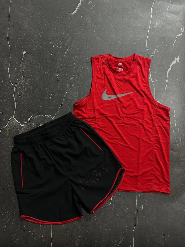 پکیج کد S3164 شامل رکابی حلقه ای + شلوارک با تم قرمز مشکی