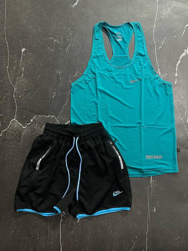 پکیج کد S3165 شامل رکابی قهرمانی + شلوارک با تم فیروزه ای مشکی