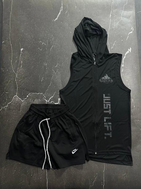 پکیج کد S3166 شامل رکابی کلاهدار + شلوارک با تم مشکی