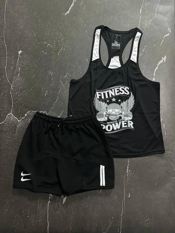 پکیج کد S3168 شامل رکابی قهرمانی + شلوارک با تم مشکی سفید