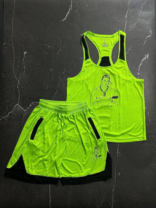 پکیج کد S3169 شامل رکابی قهرمانی + شلوارک با تم فسفری مشکی