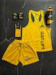 پکیج کد S3174 شامل رکابی قهرمانی + شلوارک + مچبند چسب نانو + جوراب ساقدار + شیکر دو تیکه با تم زرد