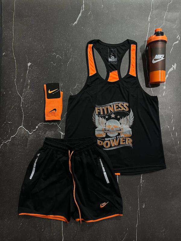 پکیج کد S3175 شامل رکابی قهرمانی + شلوارک + جوراب ساقدار + شیکر دو تیکه با تم مشکی نارنجی