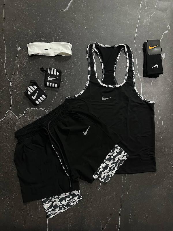 پکیج کد S3178 شامل رکابی قهرمانی + شلوارک کشاله دار + مچبند چسب نانو + جوراب ساقدار + هدبند با تم مشکی چریکی