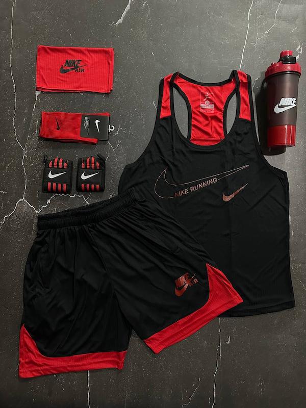 پکیج کد S3179 شامل رکابی قهرمانی + شلوارک + اسکارف + مچبند چسب نانو + جوراب ساقدار + شیکر دو تیکه با تم مشکی قرمز