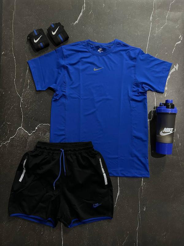 پکیج کد S3180 شامل تیشرت + شلوارک + مچ بند چسب نانو + شیکر دو تیکه با تم آبی مشکی