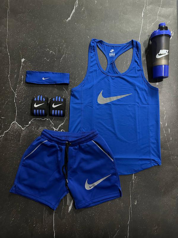 پکیج کد E1977 شامل رکابی قهرمانی + شلوارک + شیکر دو تیکه + مچ بند چسب نانو + هدبند با تم آبی 💙🔥  