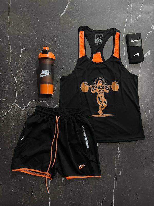 پکیج کد S3188 شامل رکابی قهرمانی + شلوارک + جوراب ساقدار + شیکر دو تیکه با تم مشکی نارنجی