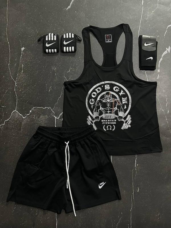 پکیج کد S3190 شامل رکابی قهرمانی + شلوارک + جوراب ساقدار + مچبند چسب نانو با تم مشکی