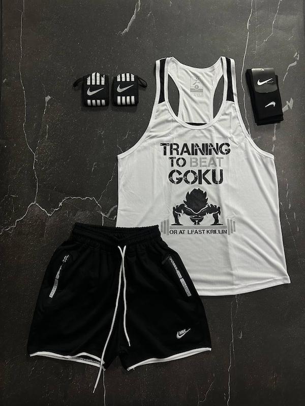 پکیج کد S3191 شامل رکابی قهرمانی + شلوارک + جوراب ساقدار + مچبند چسب نانو با تم سفید مشکی