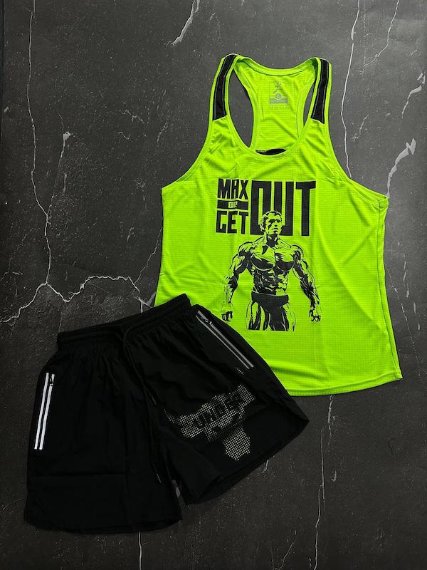 پکیج کد S3196 شامل رکابی قهرمانی + شلوارک با تم فسفری مشکی