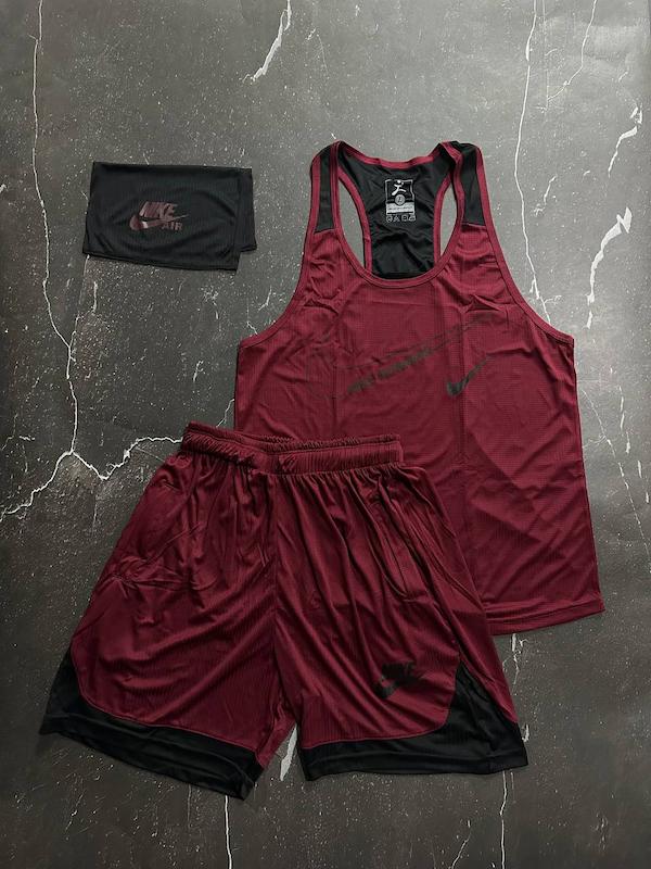 پکیج کد S3197 شامل رکابی قهرمانی + شلوارک + اسکارف با تم زرشکی مشکی