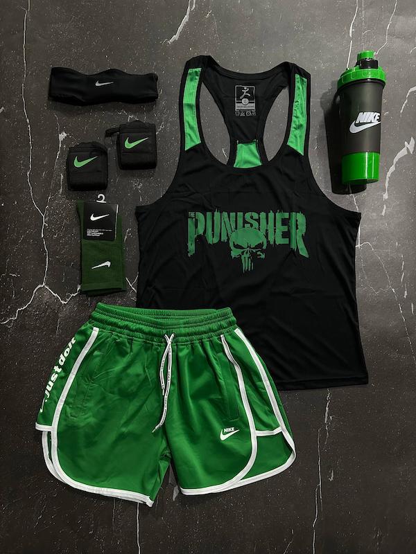 پکیج کد E1980 شامل رکابی قهرمانی + شلوارک + جوراب ساقدار + شیکر دو تیکه + مچ بند چسب نانو + هدبند با تم مشکی سبز 🖤💚