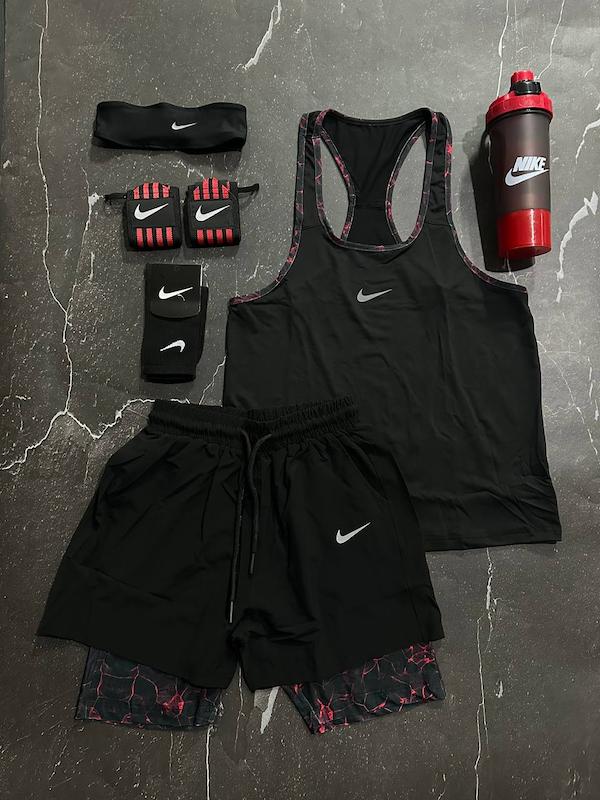 پکیج کد S3201 شامل رکابی قهرمانی + شلوارک کشاله دار + مچبند چسب نانو + جوراب ساقدار + هدبند + شیکر دو تیکه با تم مشکی چریکی