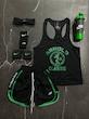 پکیج کد S3204 شامل رکابی قهرمانی + شلوارک + هدبند + مچبند چسب نانو + جوراب ساقدار + شیکر دو تیکه با تم مشکی سبز