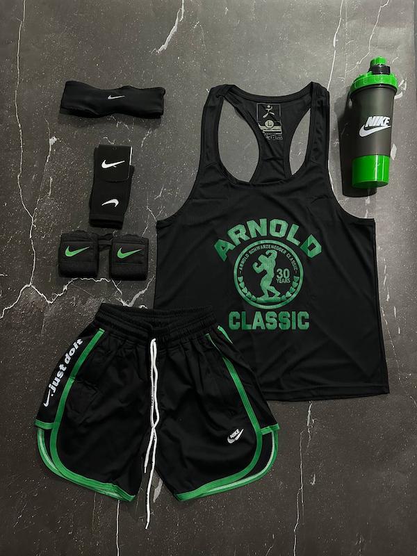 پکیج کد S3204 شامل رکابی قهرمانی + شلوارک + هدبند + مچبند چسب نانو + جوراب ساقدار + شیکر دو تیکه با تم مشکی سبز