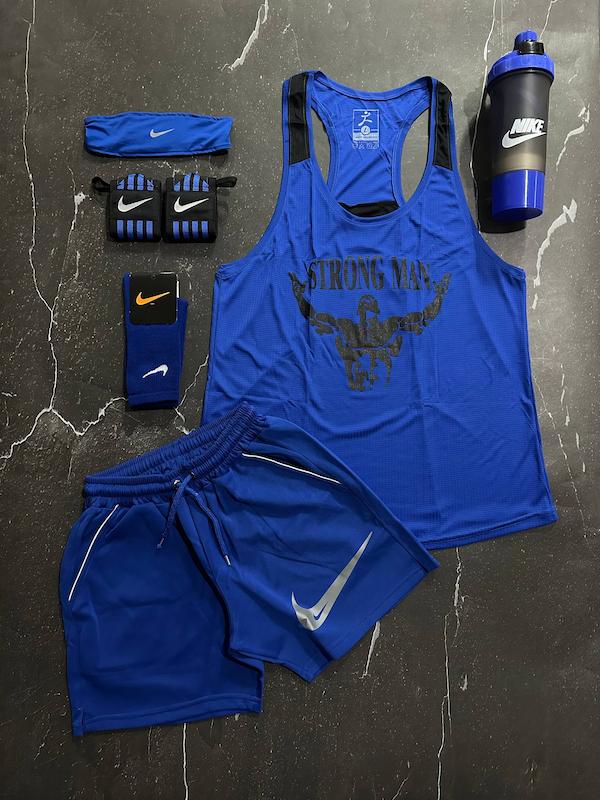 پکیج کد E1982 شامل رکابی قهرمانی + شلوارک + جوراب ساقدار + شیکر دو تیکه + مچ بند چسب نانو + هدبند با تم آبی 💙🔥