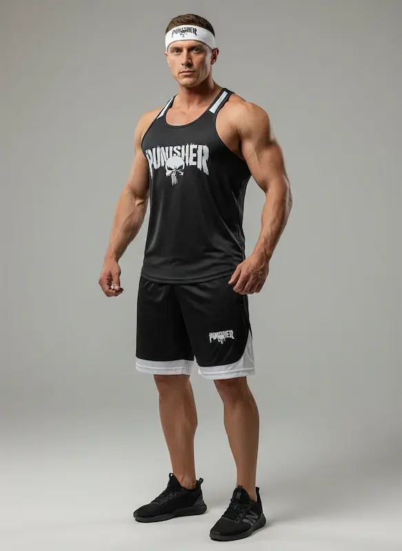 پکیج کد S3210 شامل رکابی قهرمانی + شلوارک + اسکارف با تم نوک مدادی سفید