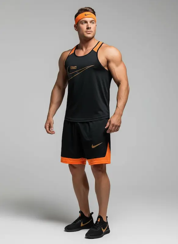 پکیج کد S3212 شامل رکابی قهرمانی + شلوارک + اسکارف با تم مشکی نارنجی