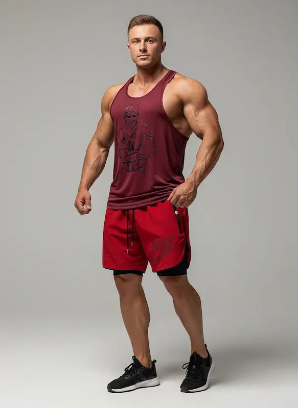 پکیج کد S3218 شامل رکابی قهرمانی + شلوارک کشاله دار با تم زرشکی قرمز