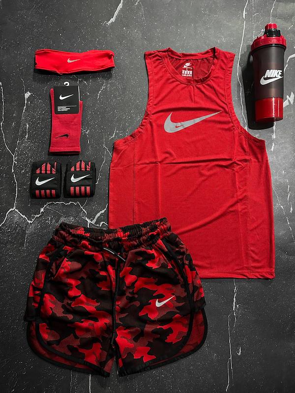 پکیج کد E1983 شامل رکابی حلقه ای + شلوارک + جوراب ساقدار + شیکر دو تیکه + مچ بند چسب نانو + هدبند با تم قرمز ❤️🔥